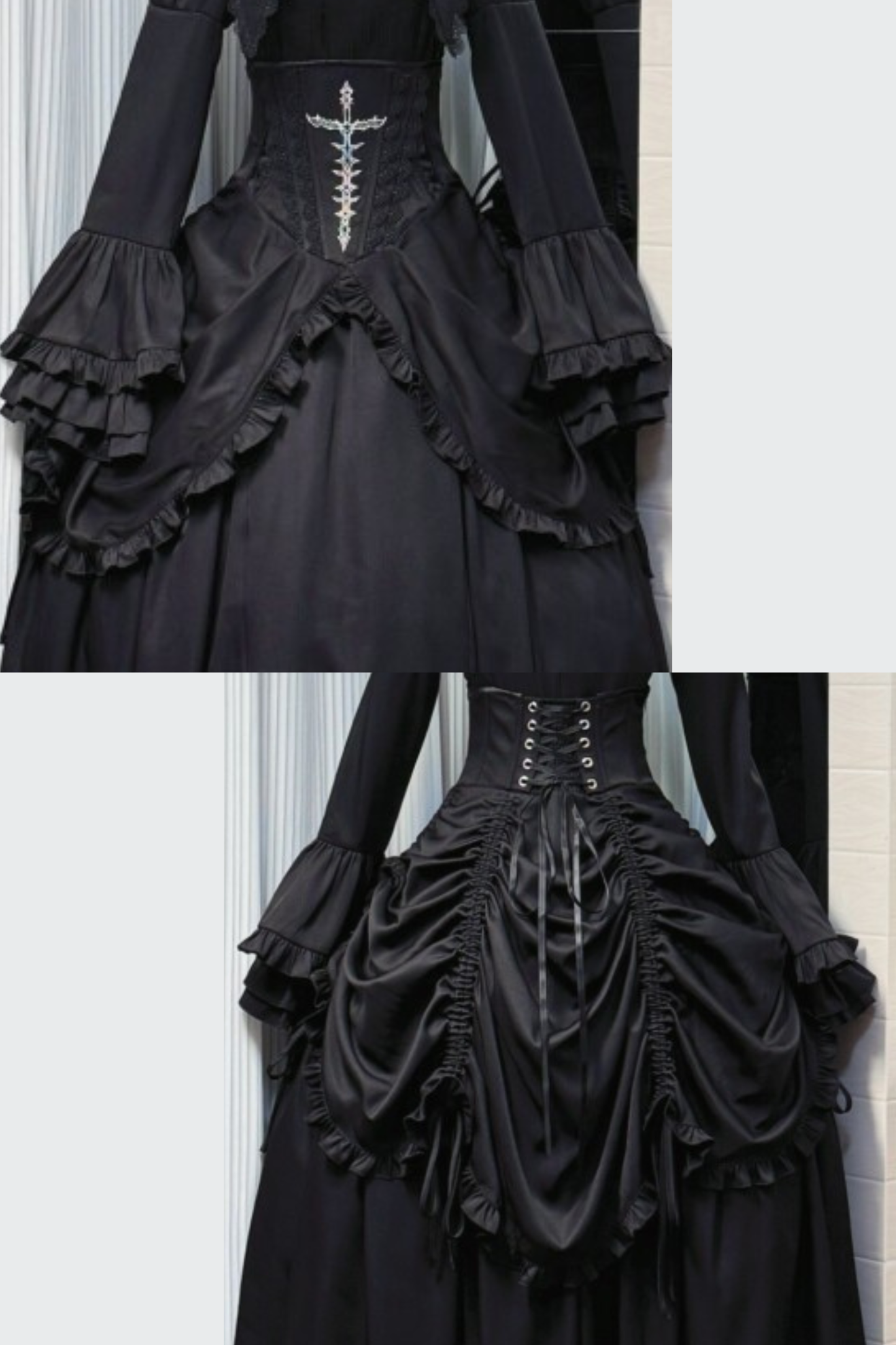 [Termine prenotazione 30 maggio] Abito gothic lolita bianco e nero con maniche svasate + sopragonna a corsetto rialzabile con croci + set completo