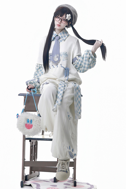 デジタルチェックトップス+ワイドパンツ+ベルト+ネクタイ