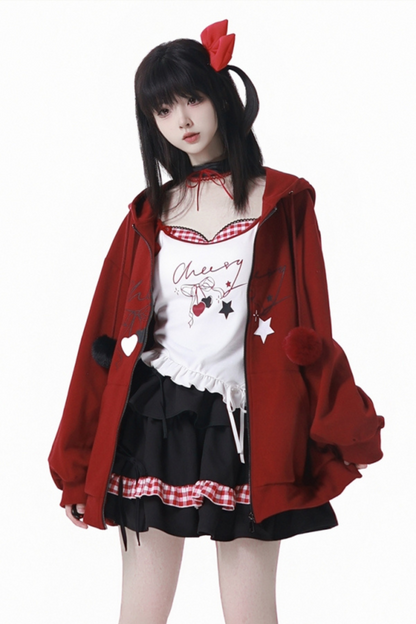 チェリーウィンドフードパーカー+キャミソール+スカート