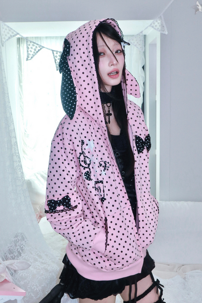 Y2Kガールドットバニーフードパーカー