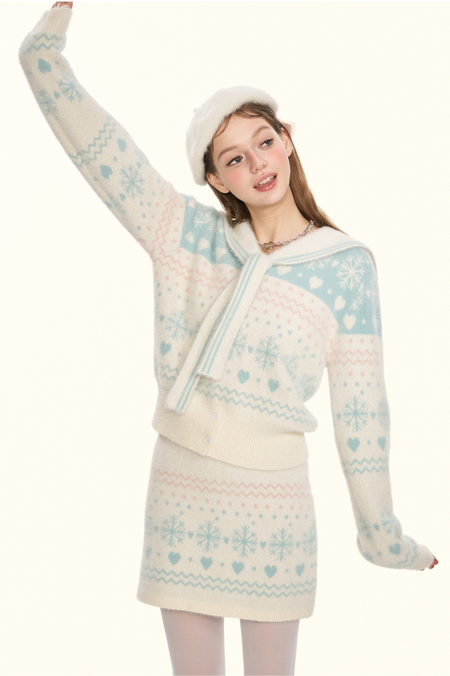 Snowflake sailor collar knit + tight skirt