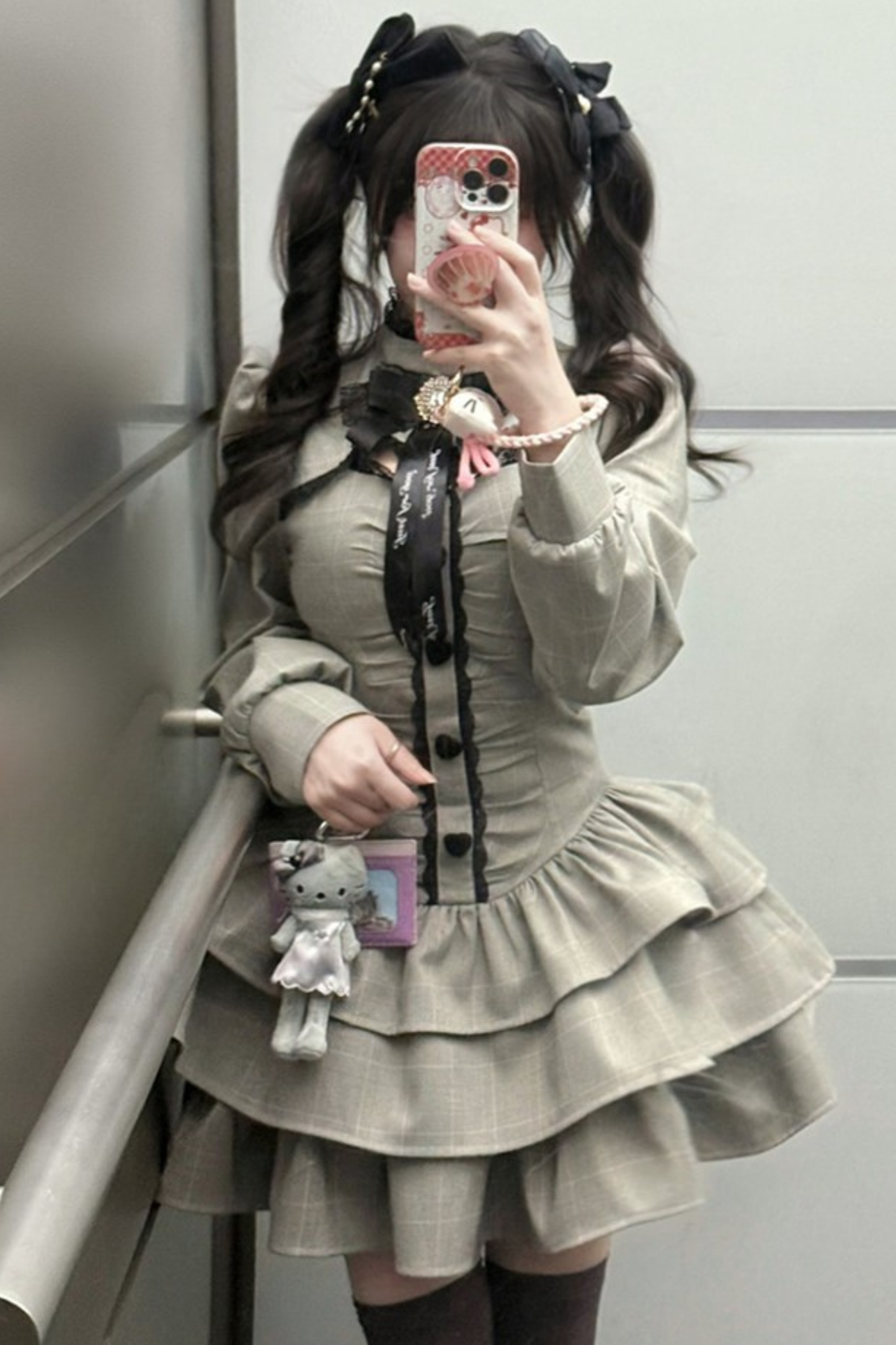 Check High Neck Puff Sleeve Dress