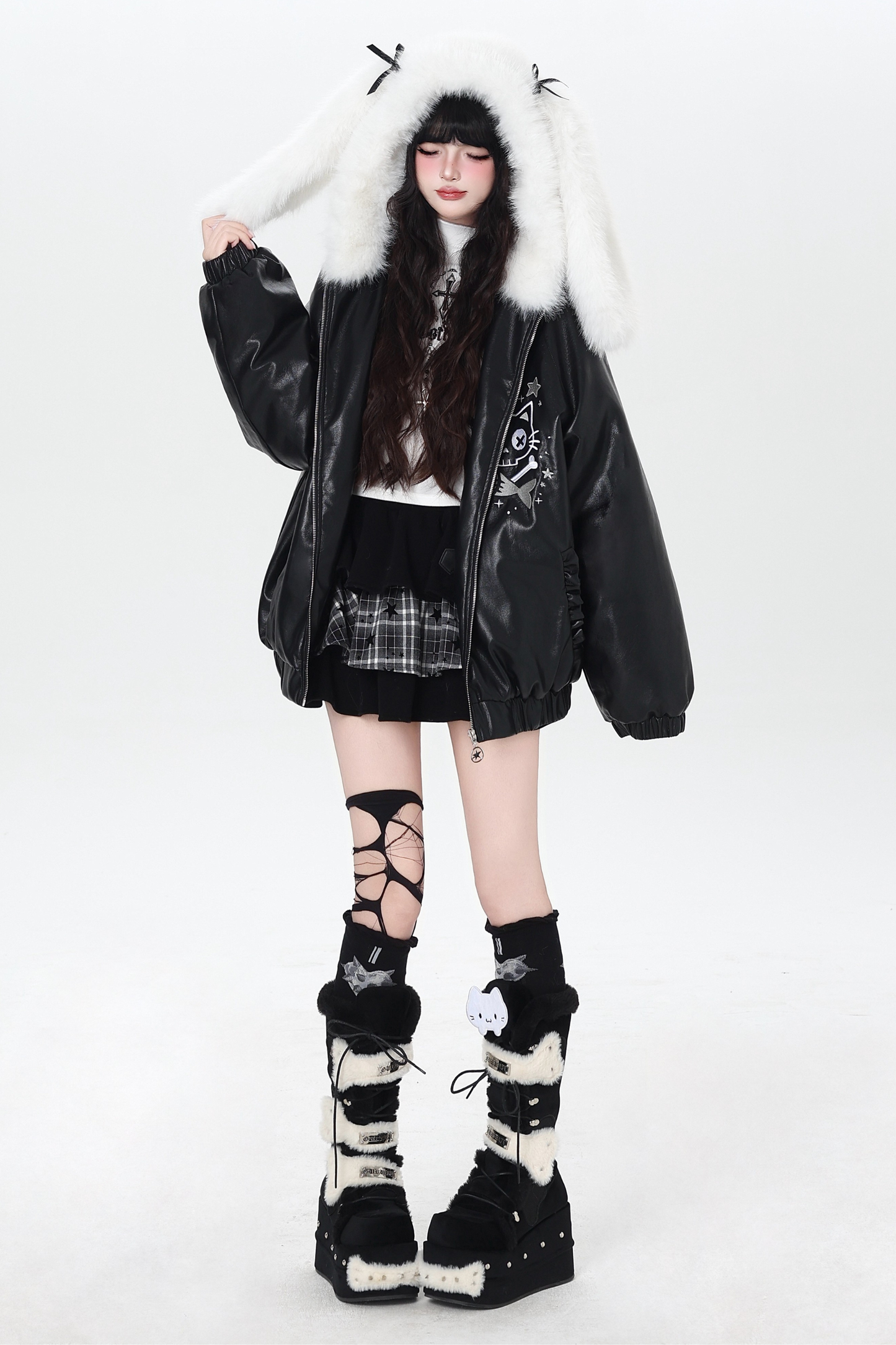 Rabbit Fur Hooded Leather Jacket