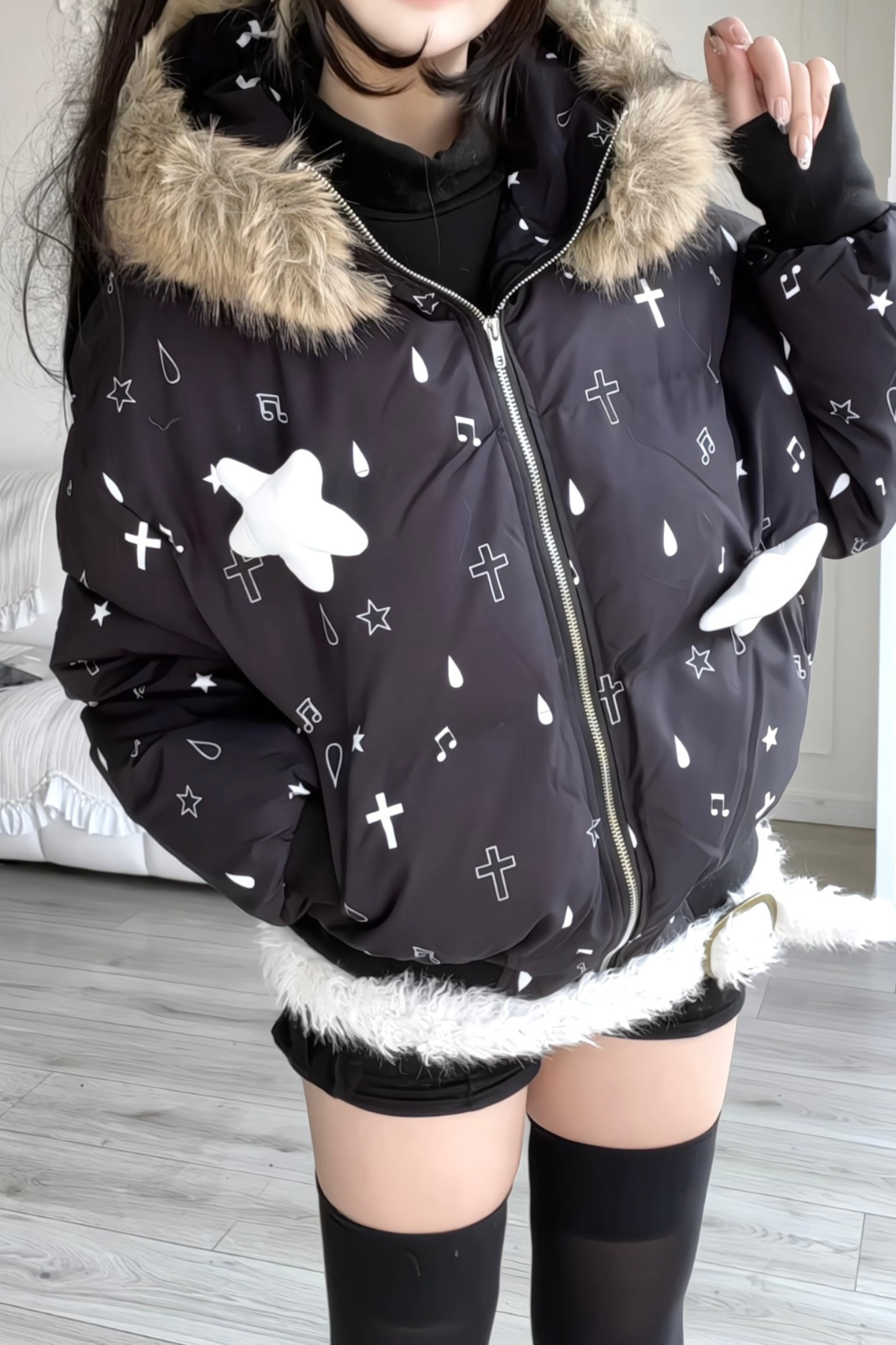 Fur Hood Cloth Design Down Jacket