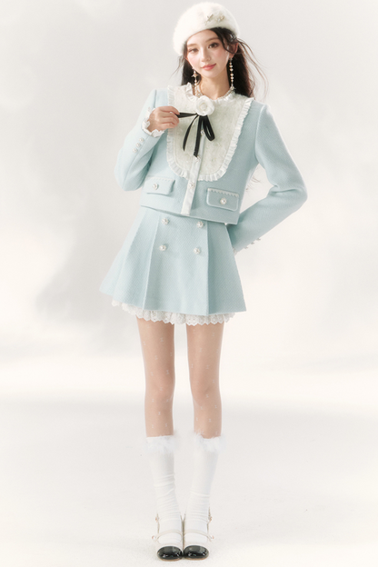 Ice Blue Rose College Style Jacket + Side Pleated Skirt