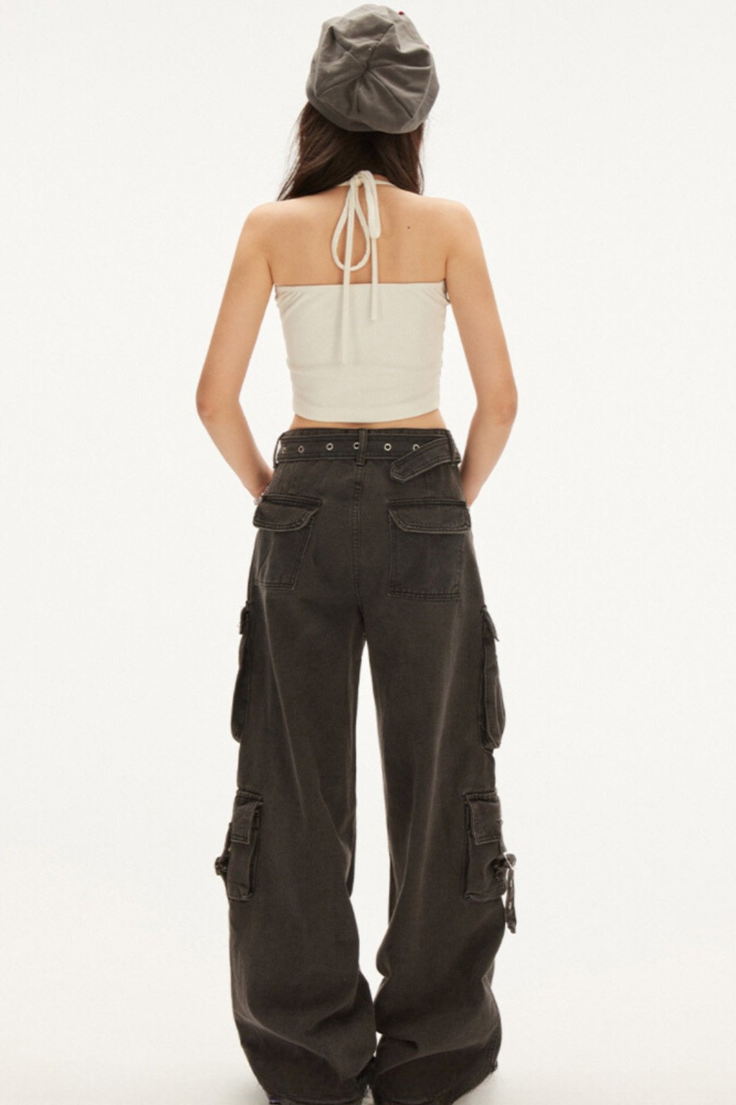 Lace-Up High-Rise Black Cargo Pants