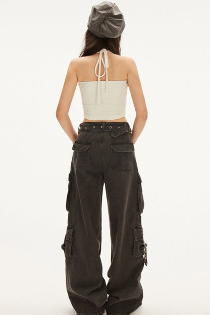 Lace-Up High-Rise Black Cargo Pants