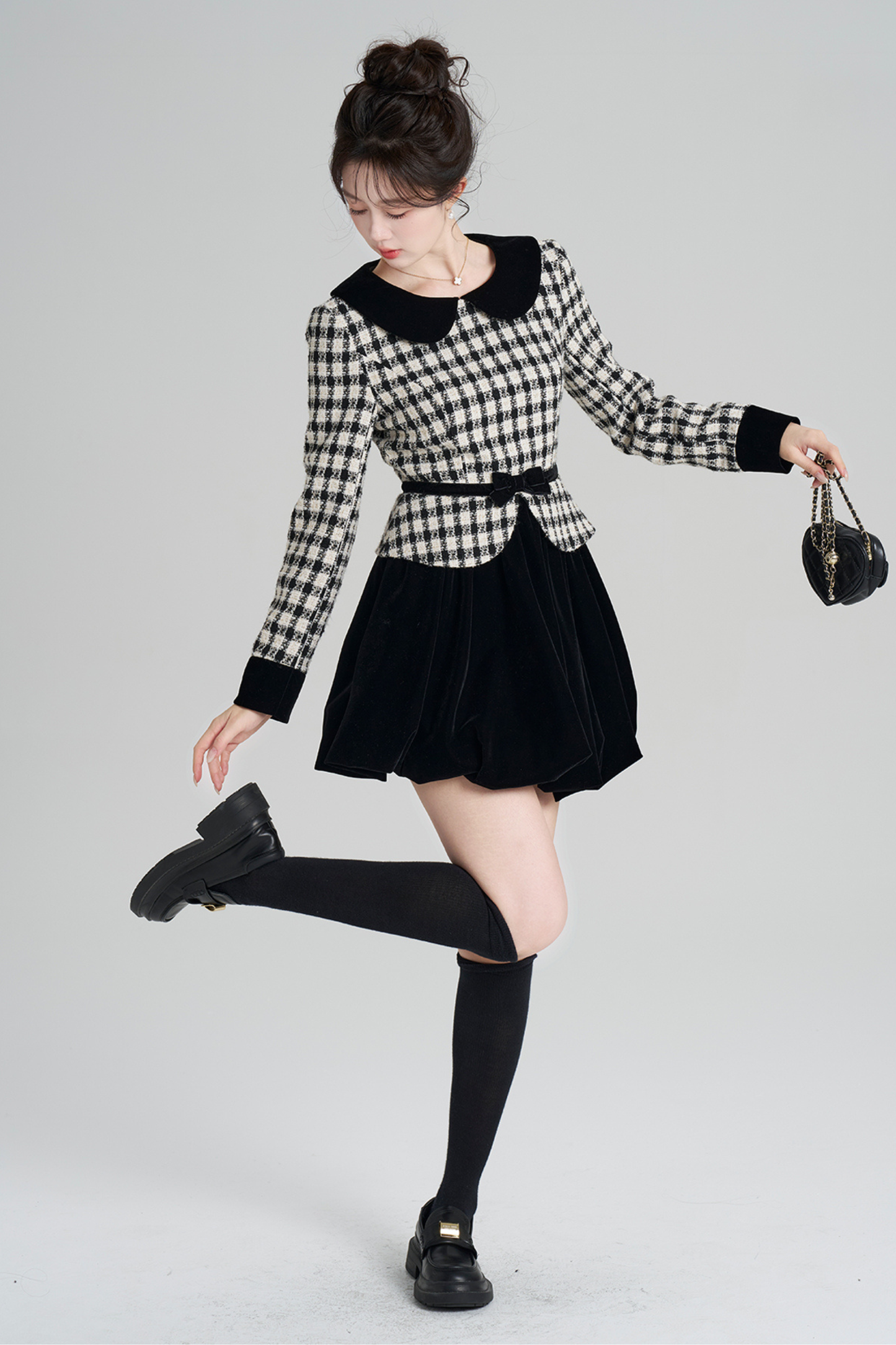 ベルベットモノクロチェックドレス