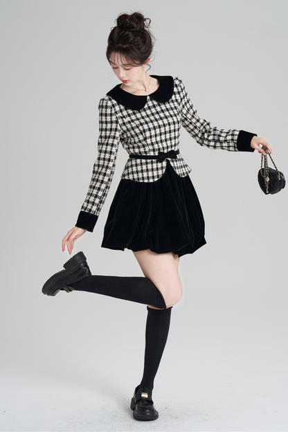 ベルベットモノクロチェックドレス