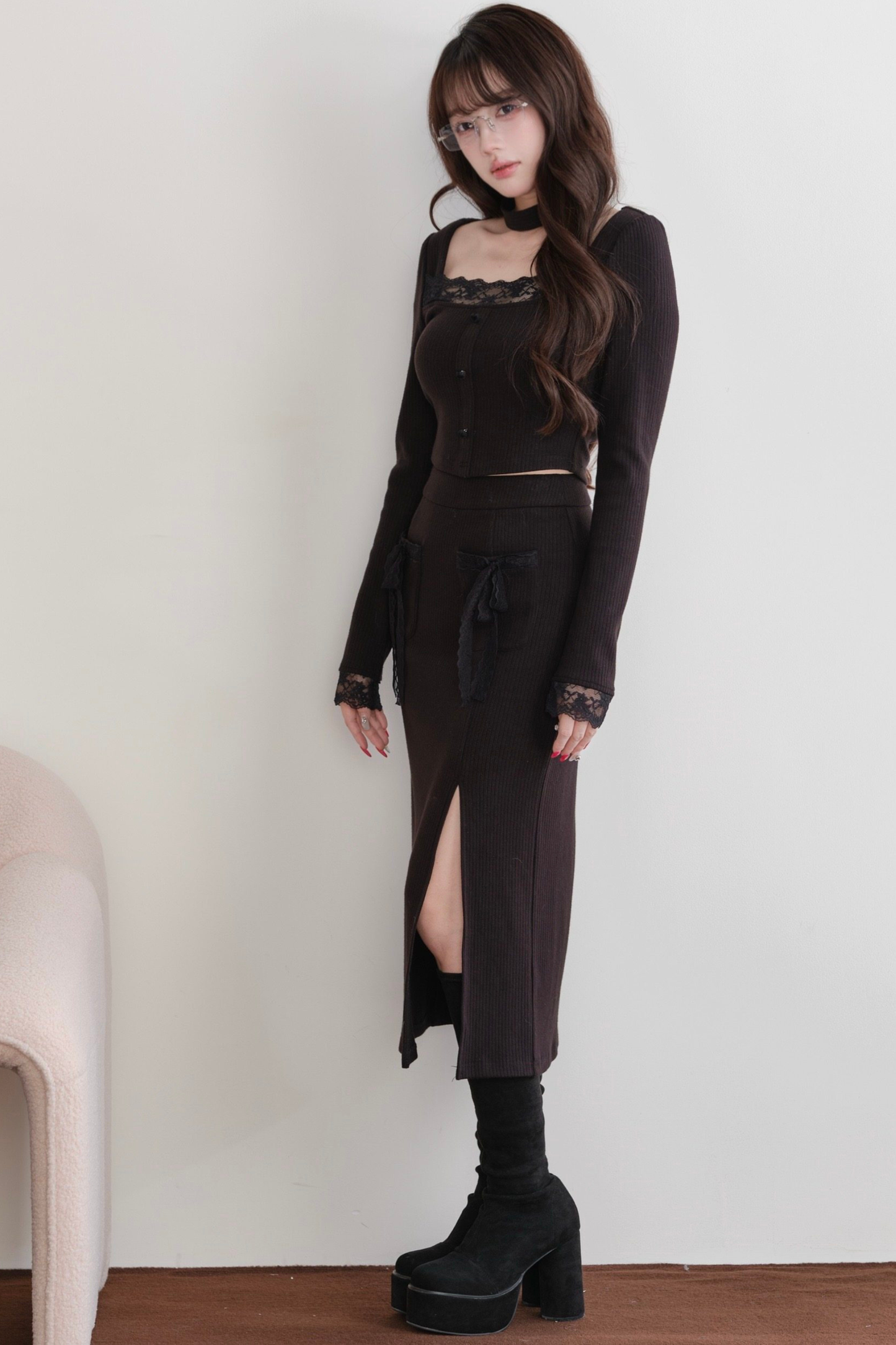 レディタイトトップス+スリットリボンスカート