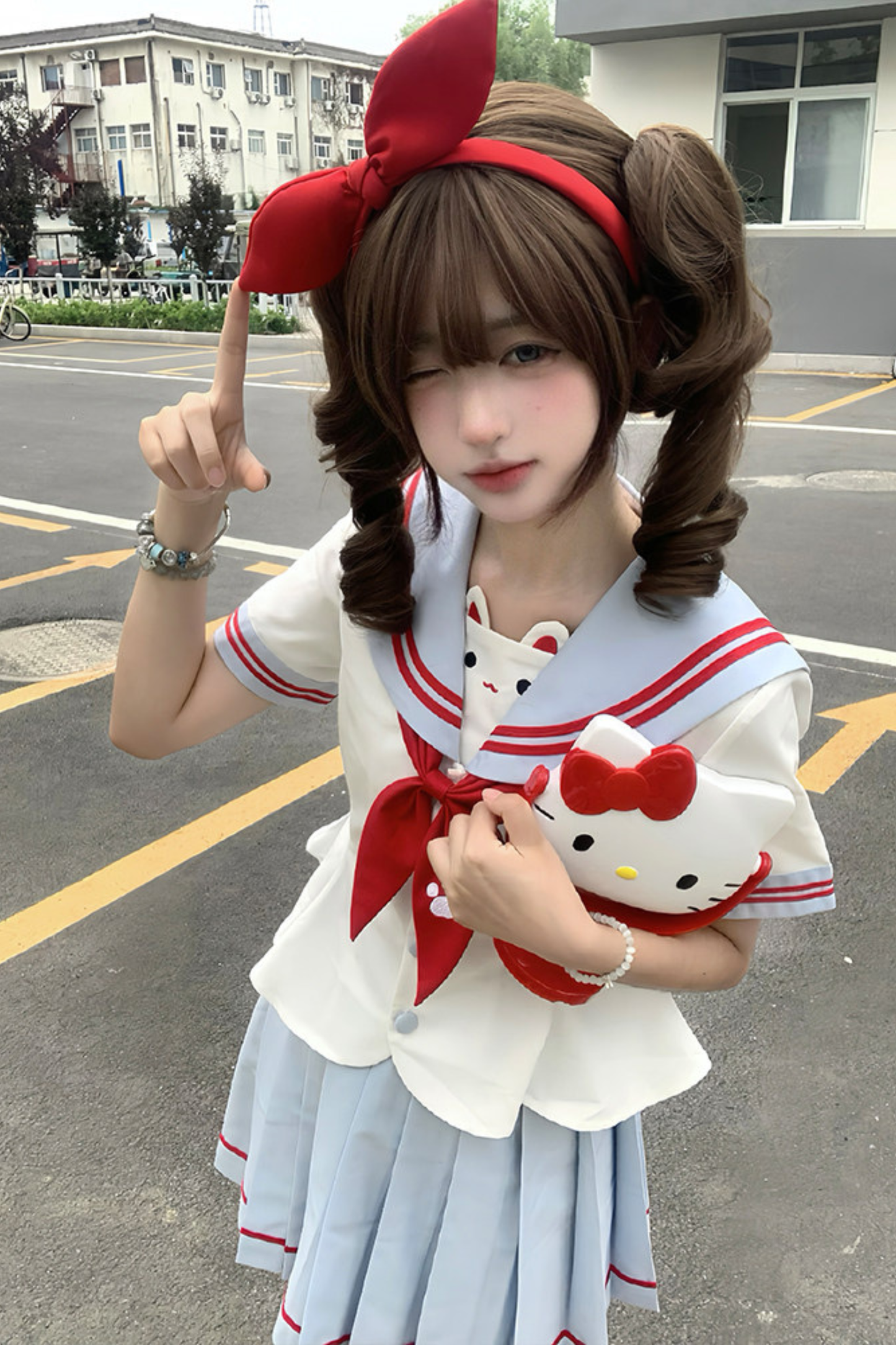Hauts de marin pour fille anime chat + jupe + ruban