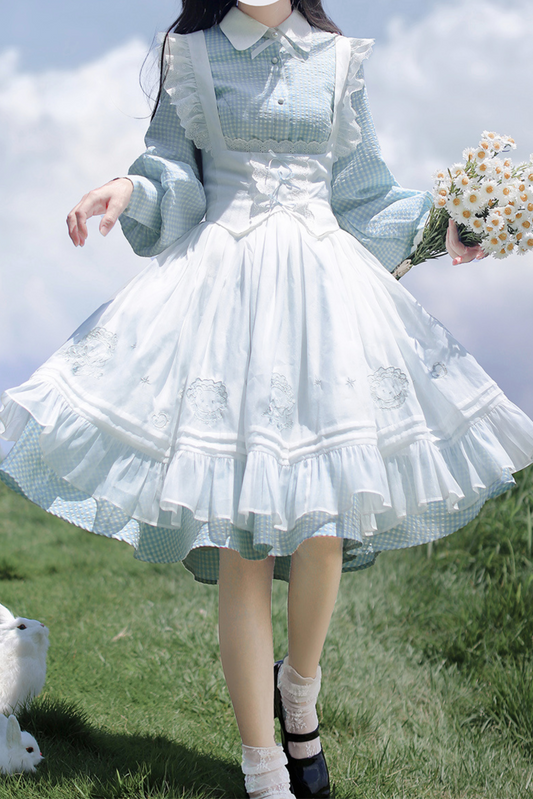 Blue Check French Retro Dress + Frilled Lace Apron