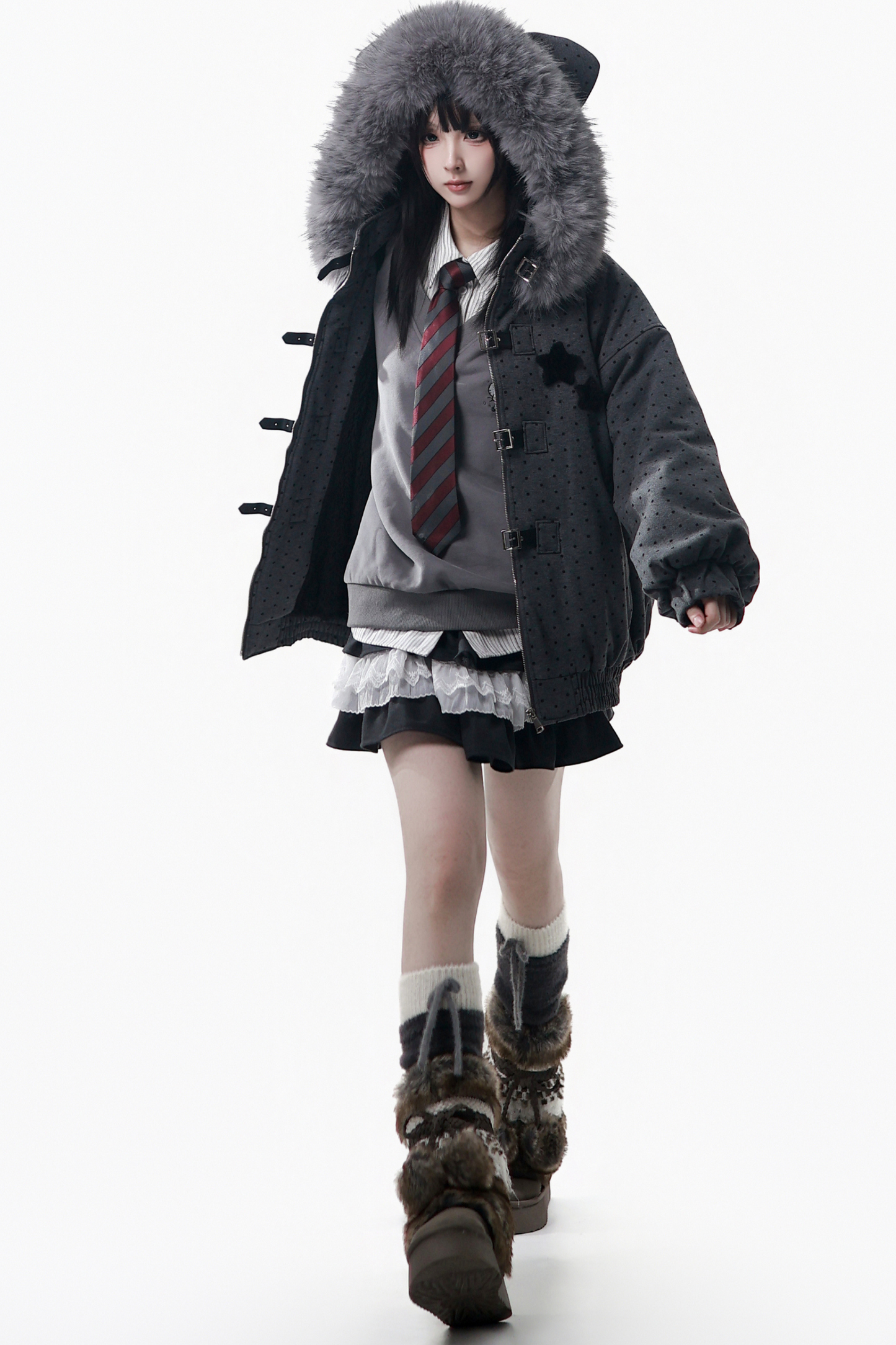 ビッグファーカラージャケット+トップス+スカート+パンツ+チェックフードジャケット