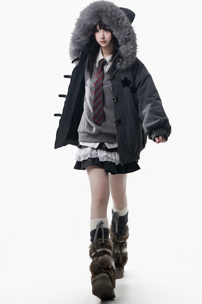 ビッグファーカラージャケット+トップス+スカート+パンツ+チェックフードジャケット