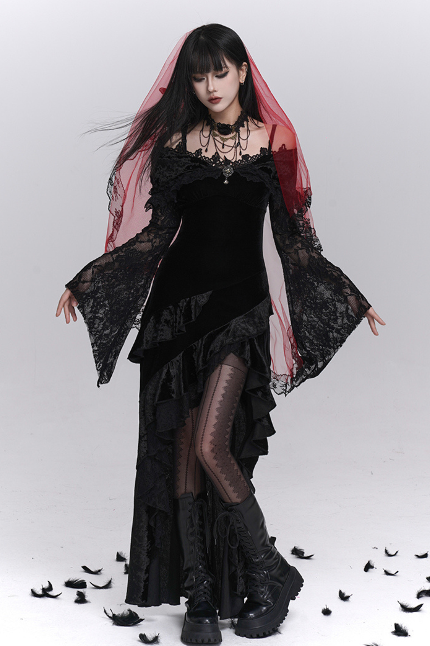 Gothic Lace Flare Long Dress