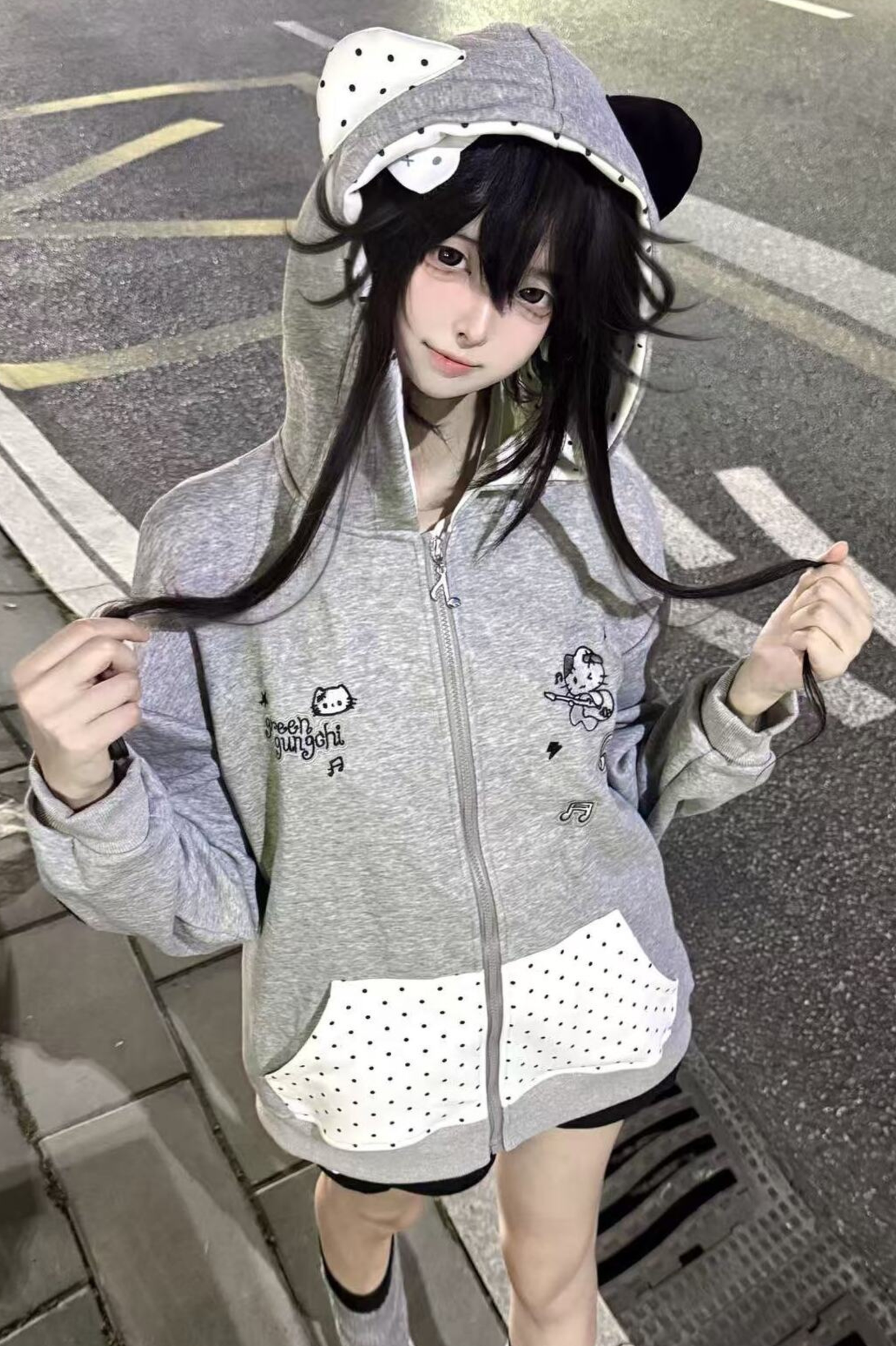 Cat Hood Dot Pocket Hoodie