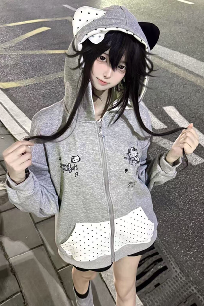 Cat Hood Dot Pocket Hoodie