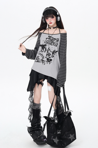 サブカルチャーストライプルーズトップス