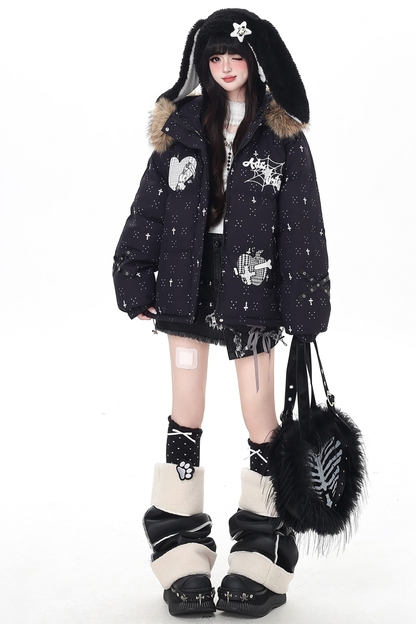 Dark rabbit design fur hooded jacket