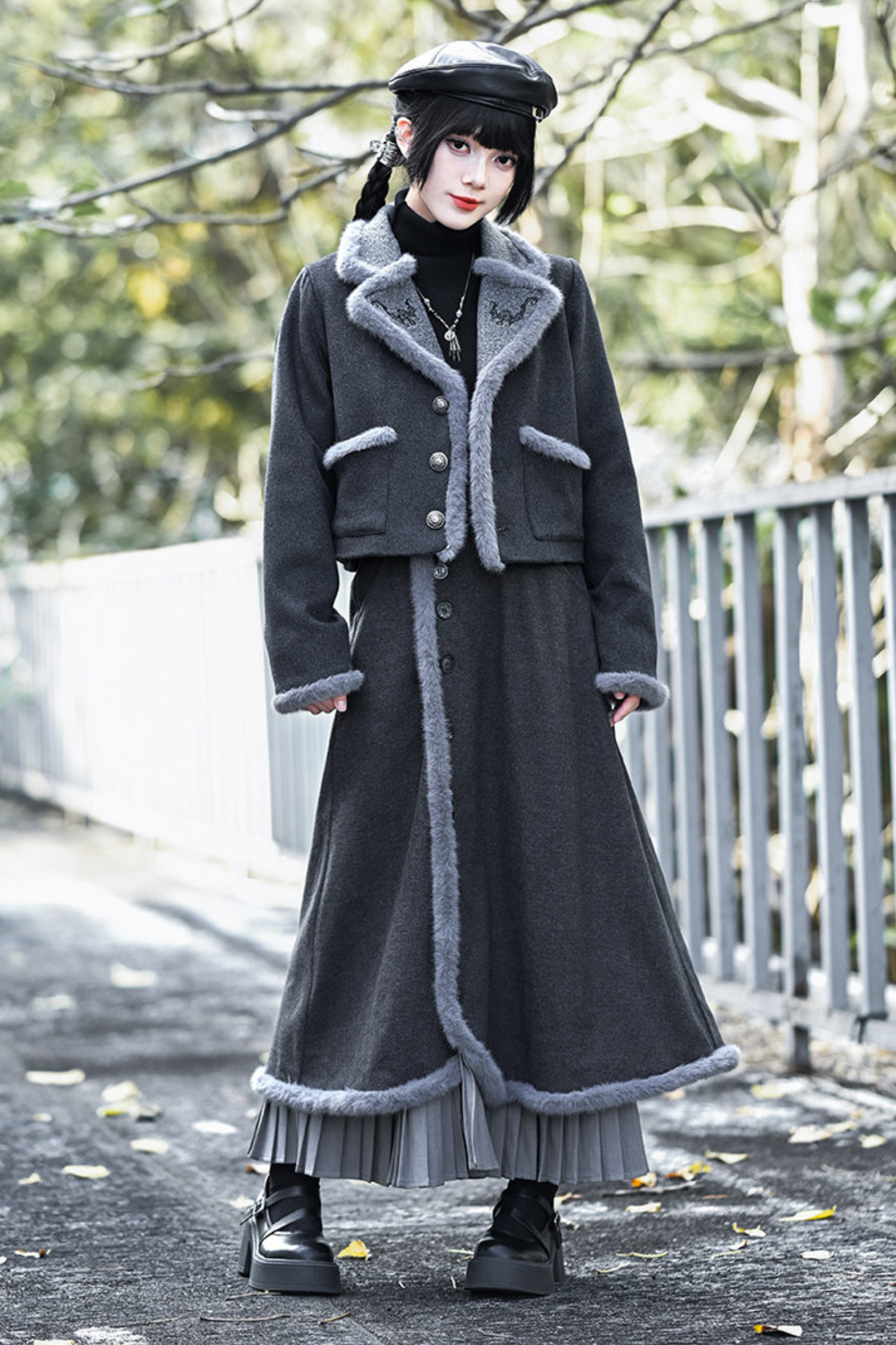 Retro mode fur short jacket + skirt