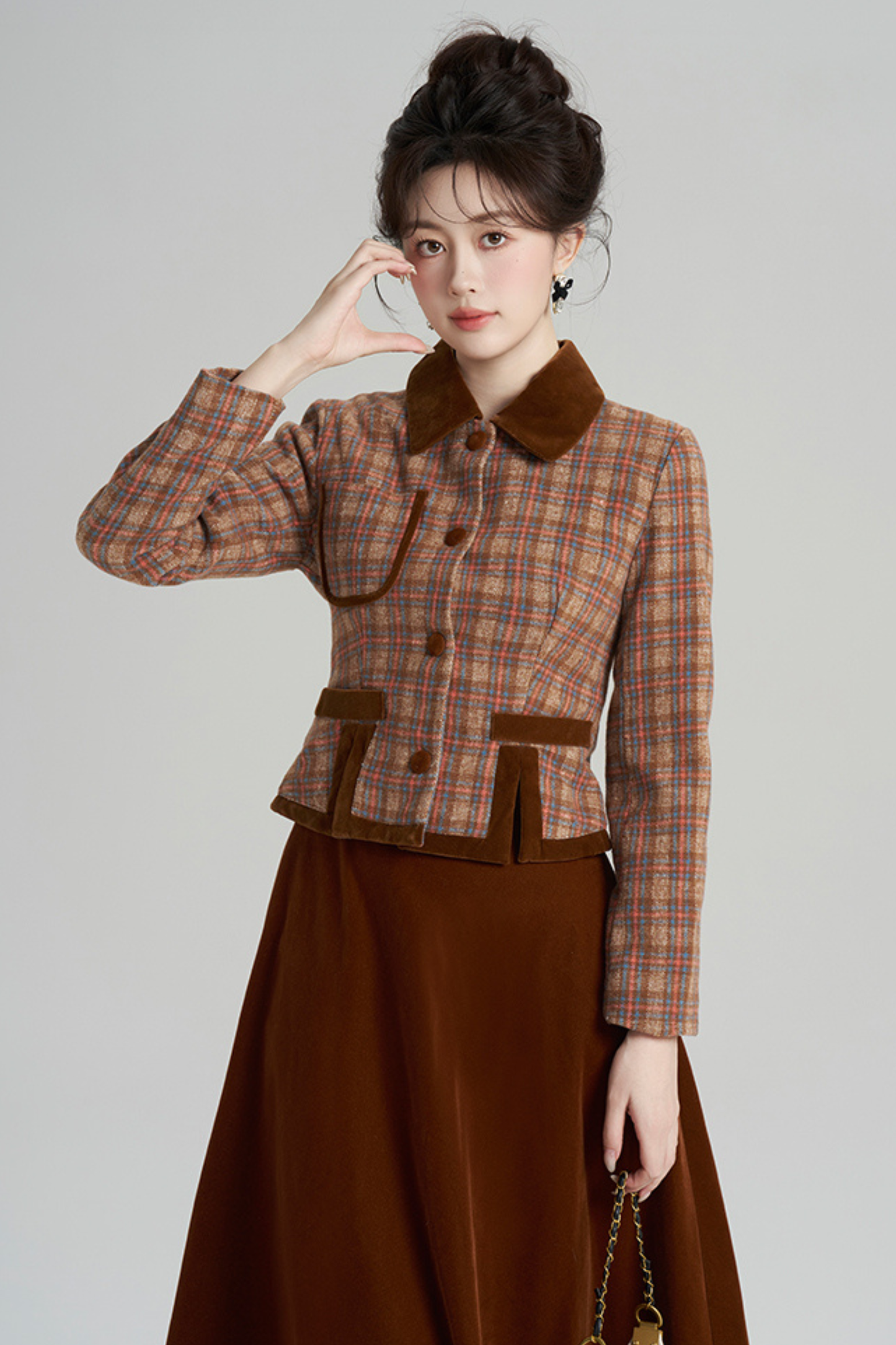 チェックジャケット+レトロプラッドベルベットスカート