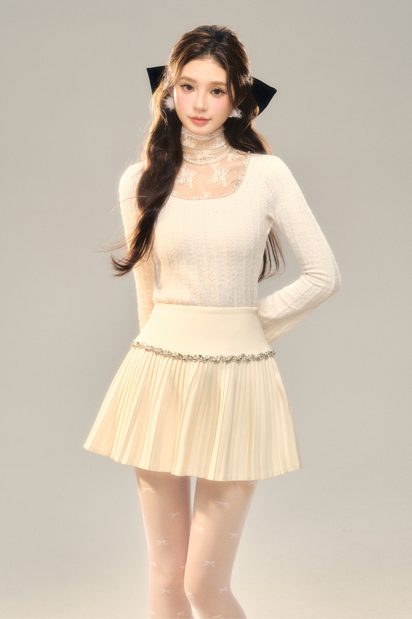 Lace Pile Collar Square Collar Knit Top