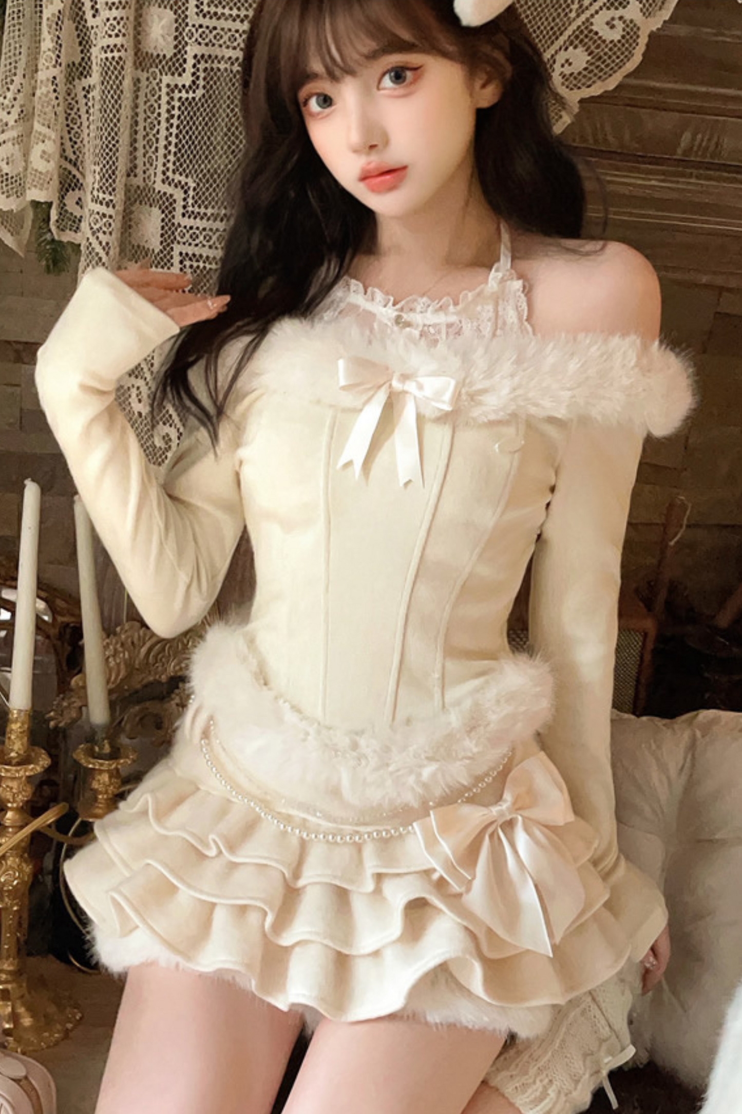 [Reservations] Sweet Fur Off-Shoulder Ribbon Top