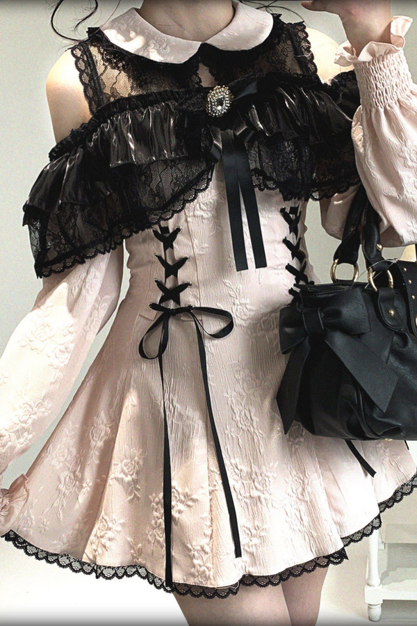 Off Shoulder Lace Up Lace Dress