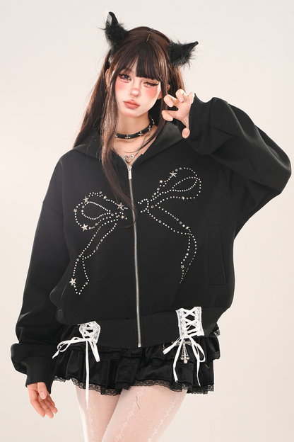 Loose Slim Black Lace-Up Hooded Hoodie