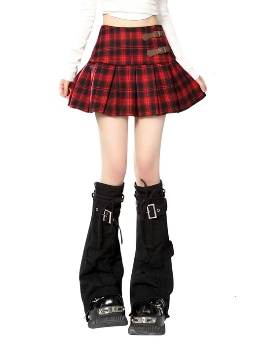 Dark Punk Leather Buckle Check Pleated Skirt