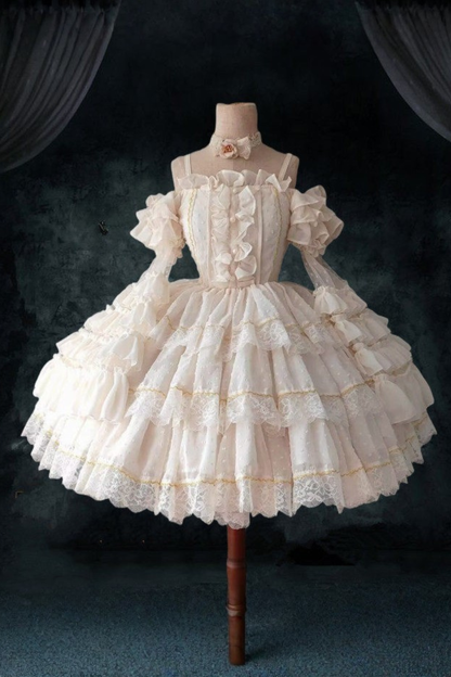 플로럴 튤 롤리타 드레스 + 소매 + 모자