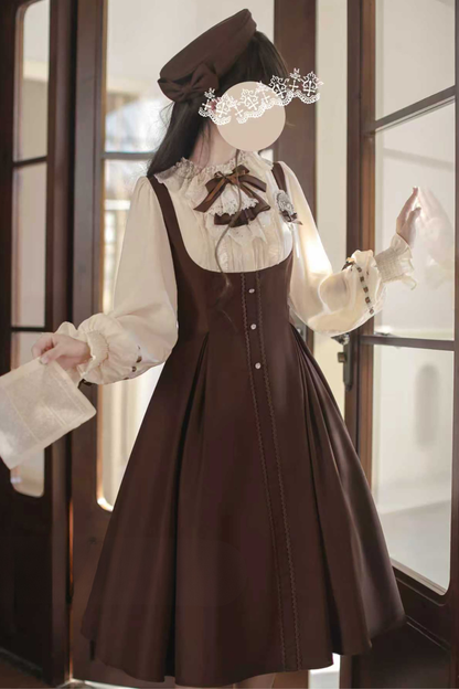 フレンチブラウンヴィンテージロリータドレス+ケープ+ベレー帽+バッジ