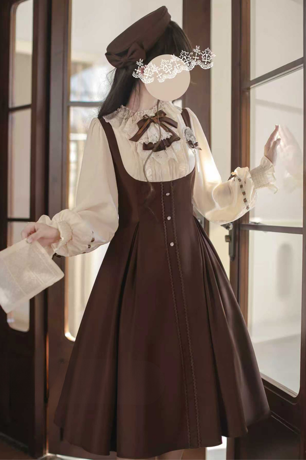 フレンチブラウンヴィンテージロリータドレス+ケープ+ベレー帽+バッジ