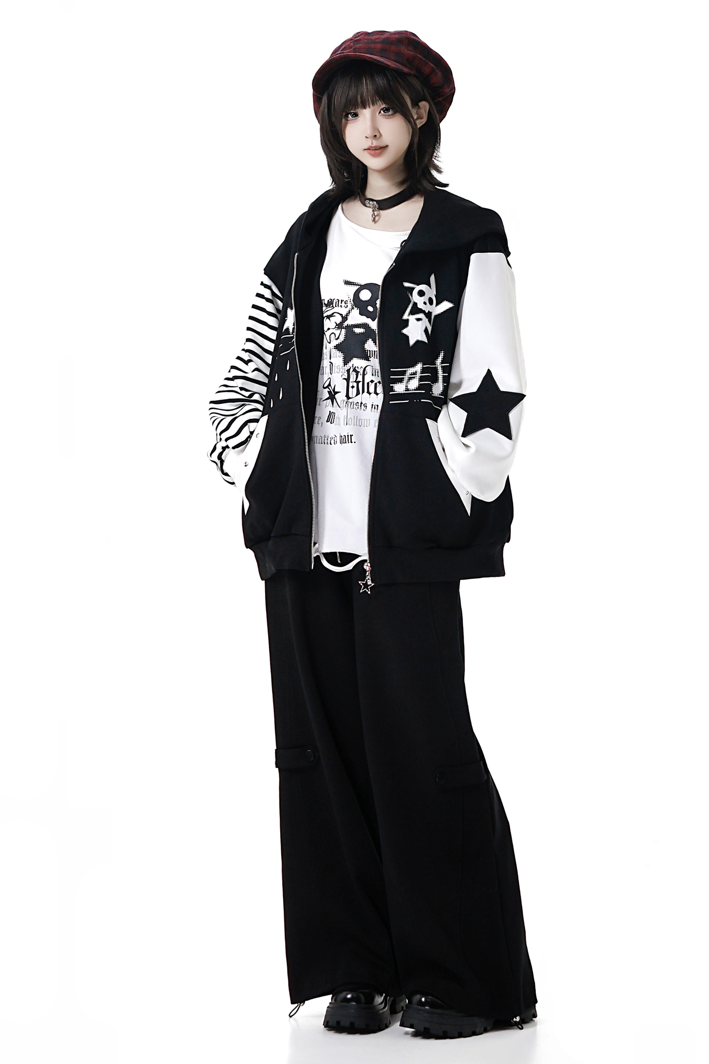 ストライプロックプリントフードジャケット+トップス+ロングパンツ+スカート