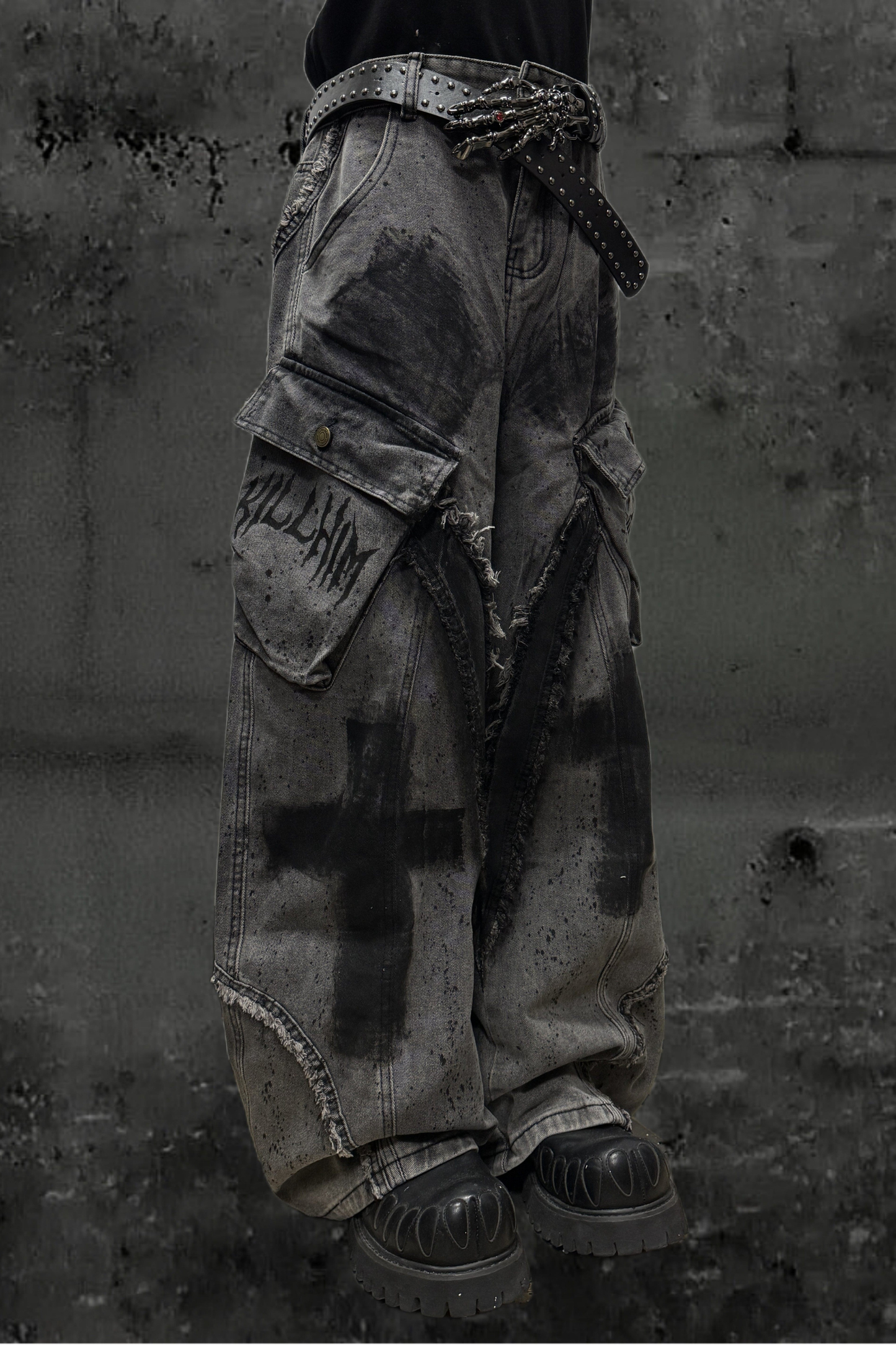 ダーククロススプレーデザインワイドパンツ+ベルト