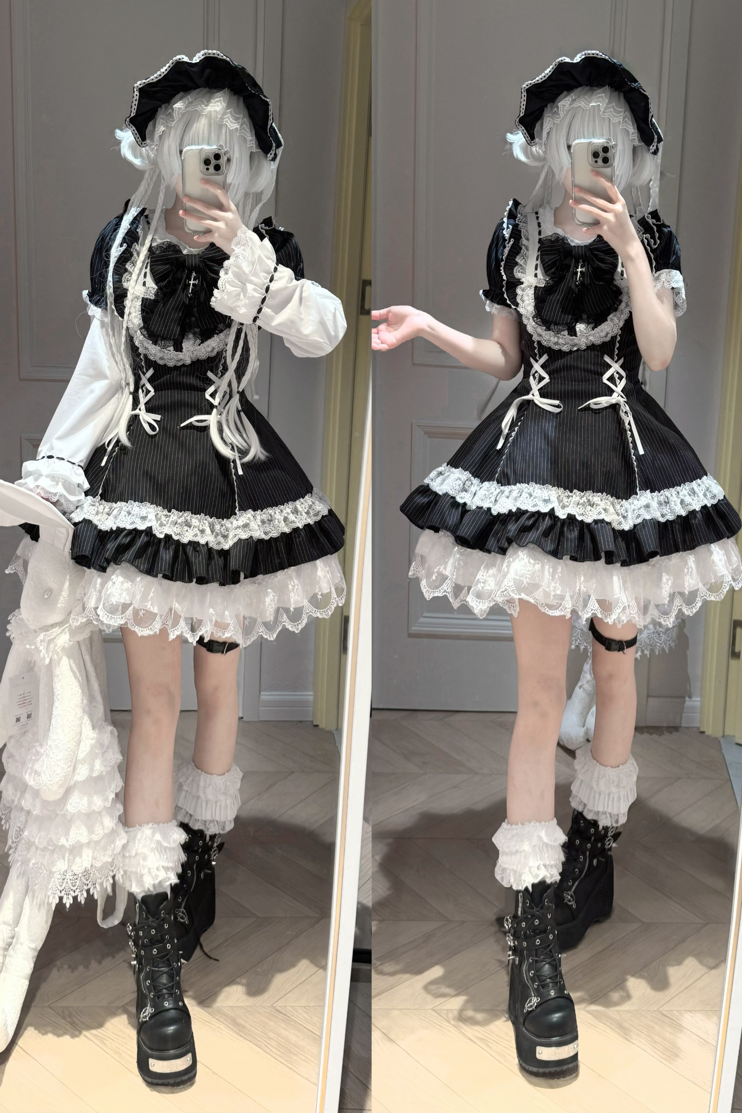 ダークレースアップストライプドロリータドレス+ラビットハット+スリーブ