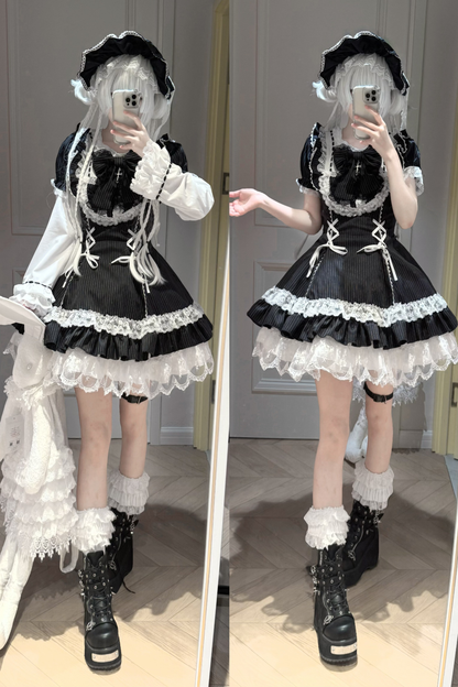 ダークレースアップストライプドロリータドレス+ラビットハット+スリーブ