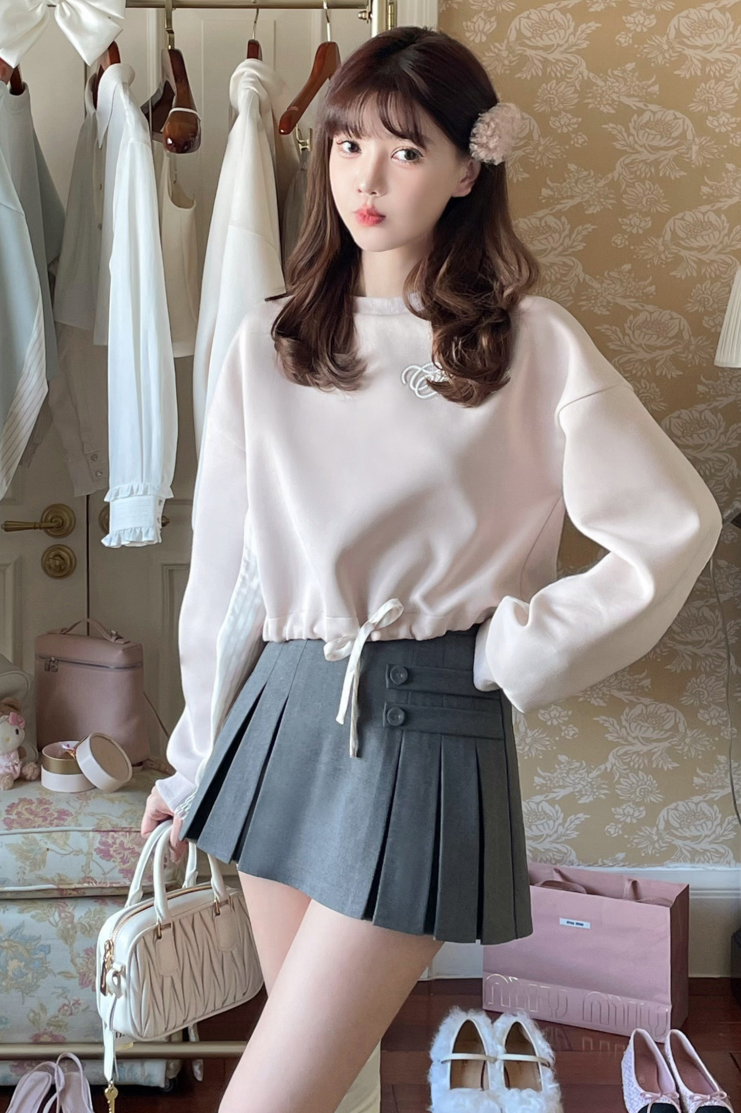 Wool High Waist Slim Double Pleated Skirt