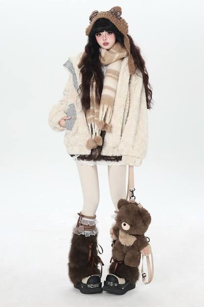 Check Long Bunny Ear Fur Jacket