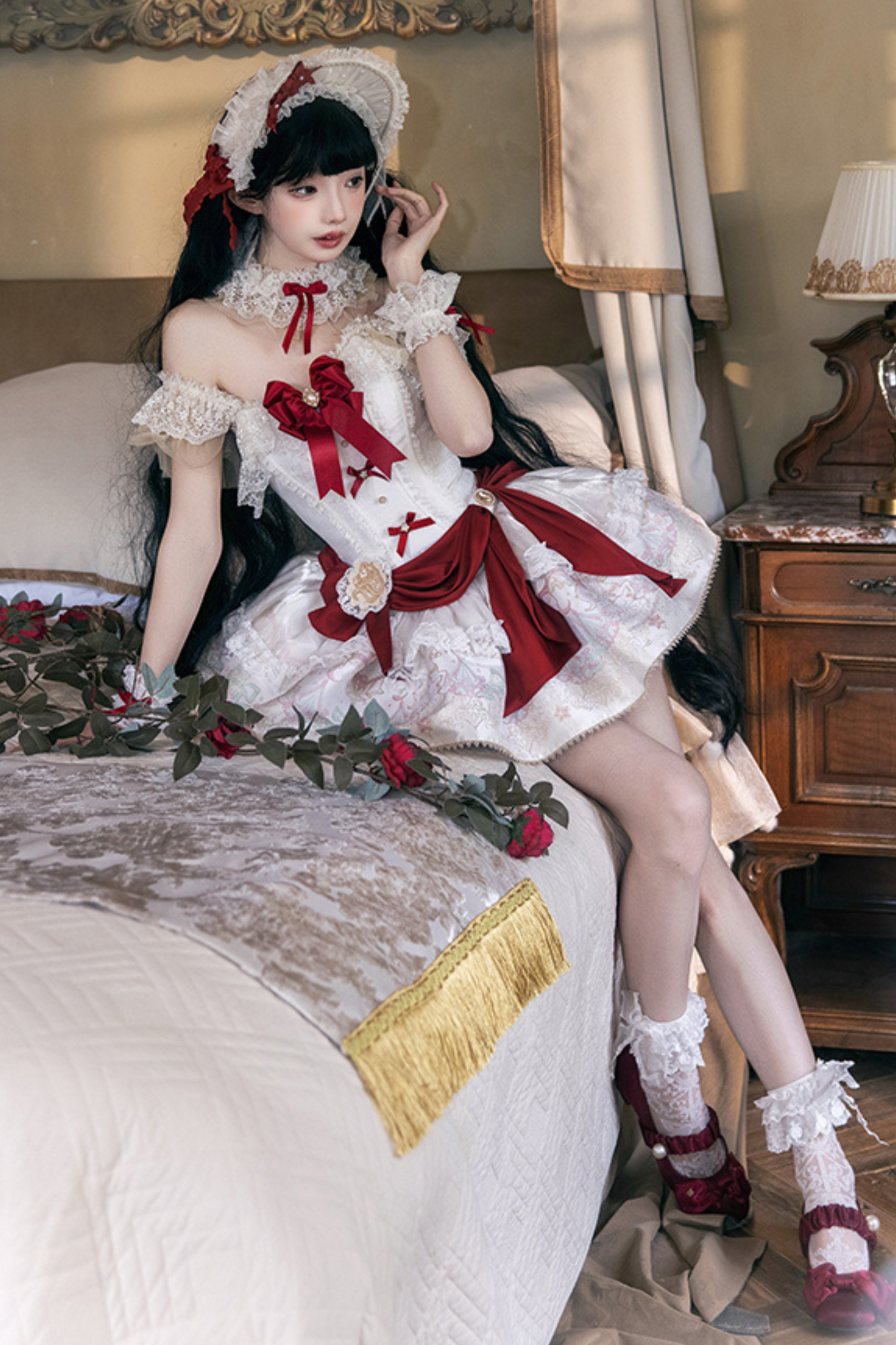 白雪プリンセスロリータドレス+ボンネット+レースチョーカー