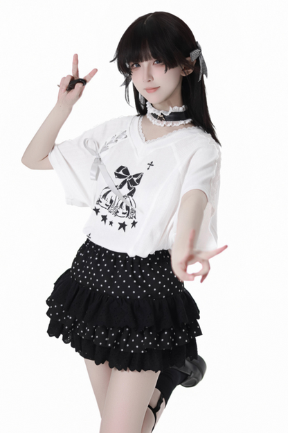 リボンルーズTシャツ+キュロット+アシメスカート