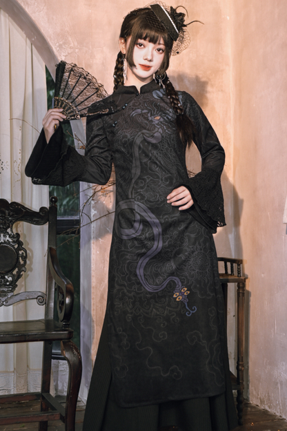 Weird House "Five Poisons" dark print cheongsam long skirt female design sense tassel shawl cloak new Chinese suit