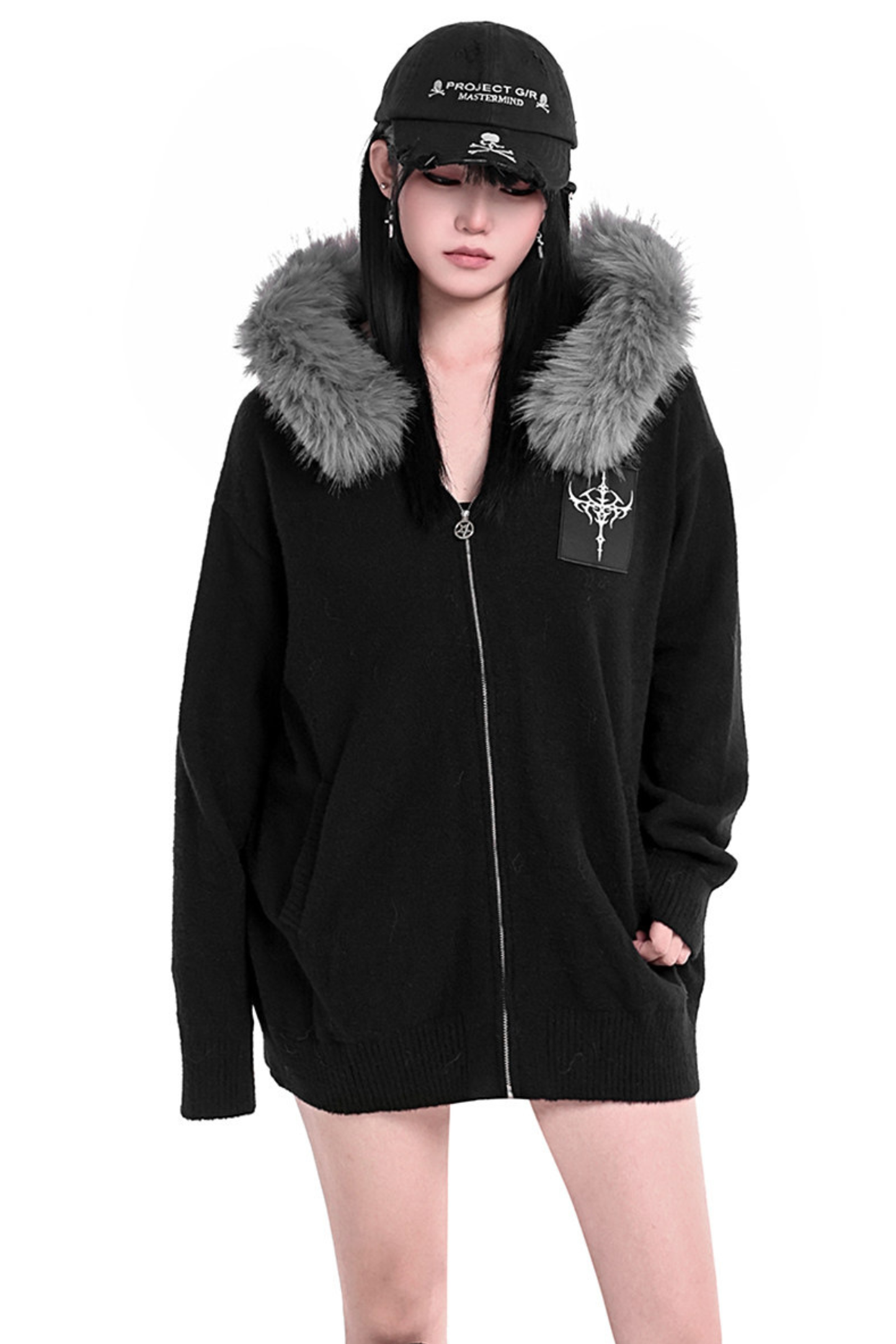 ファーフードルーズポイントクロスジップパーカー