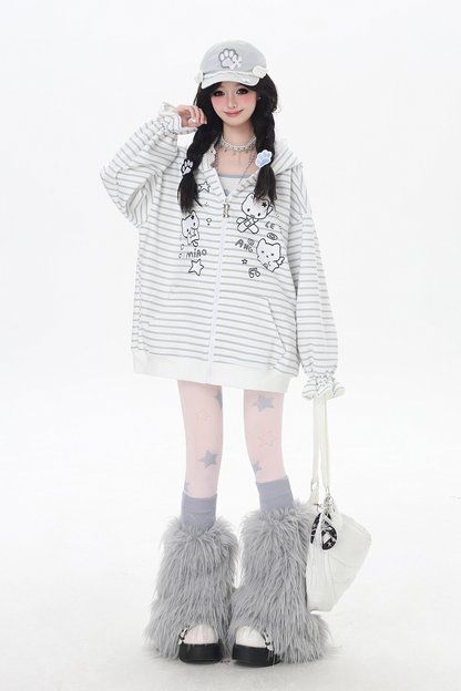 ボーダールーズキャットデザインフードパーカー