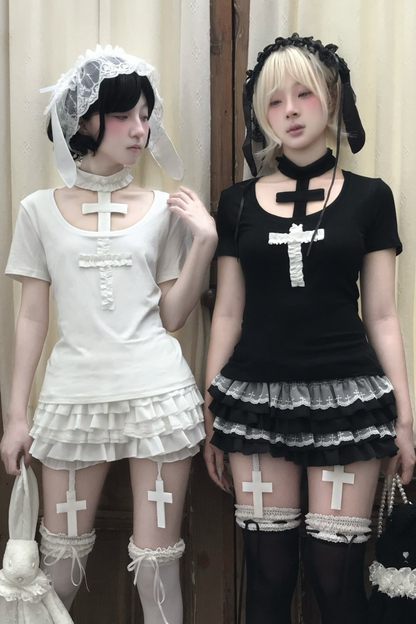 Gothic-Stil Kreuz-T-Shirt + Kreuzkragen + Kürbishose