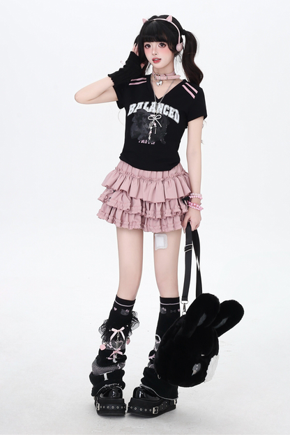 ホットガールVネックブラックピンクトップス