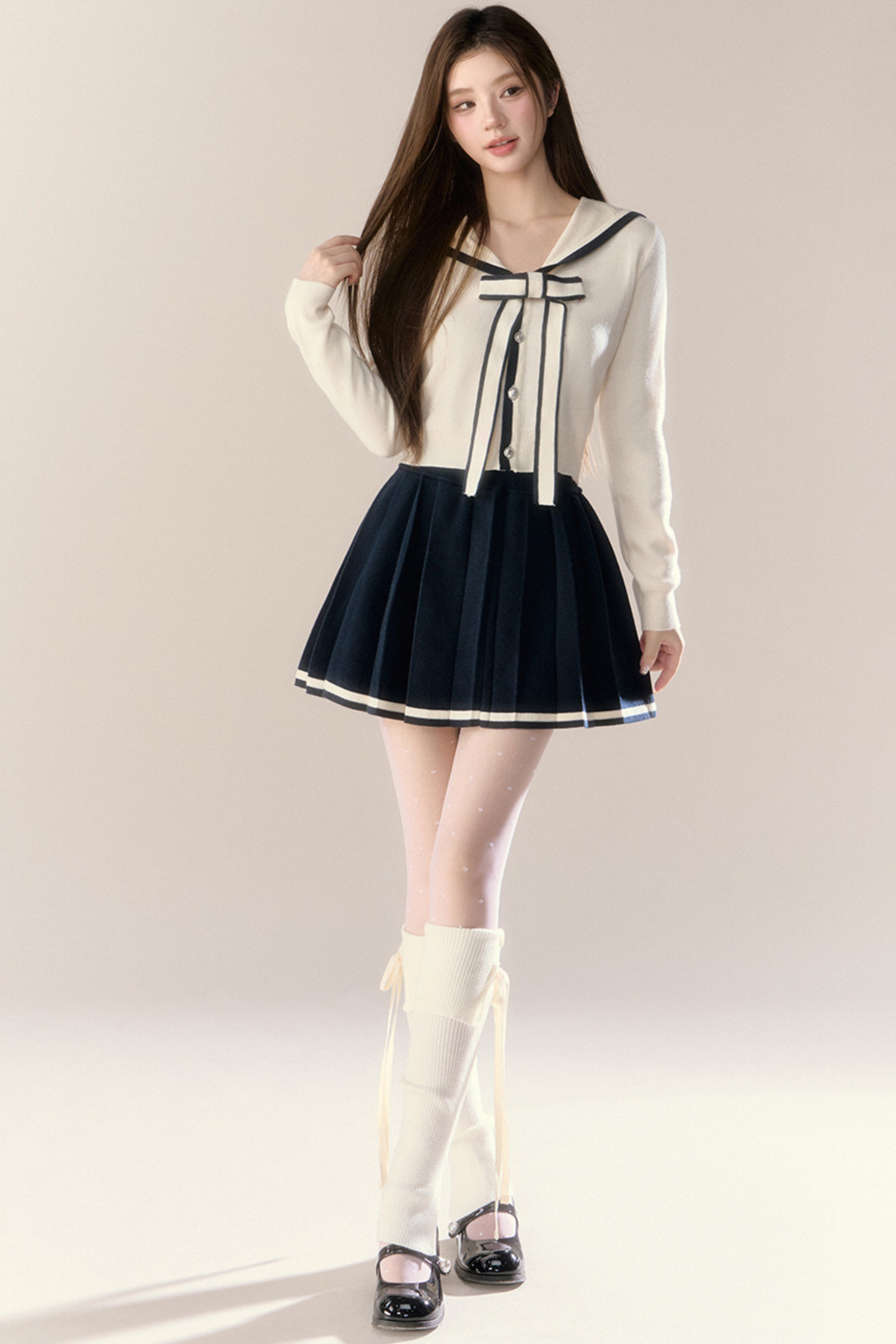 セーラーリボンカーディガン+プリーツスカート