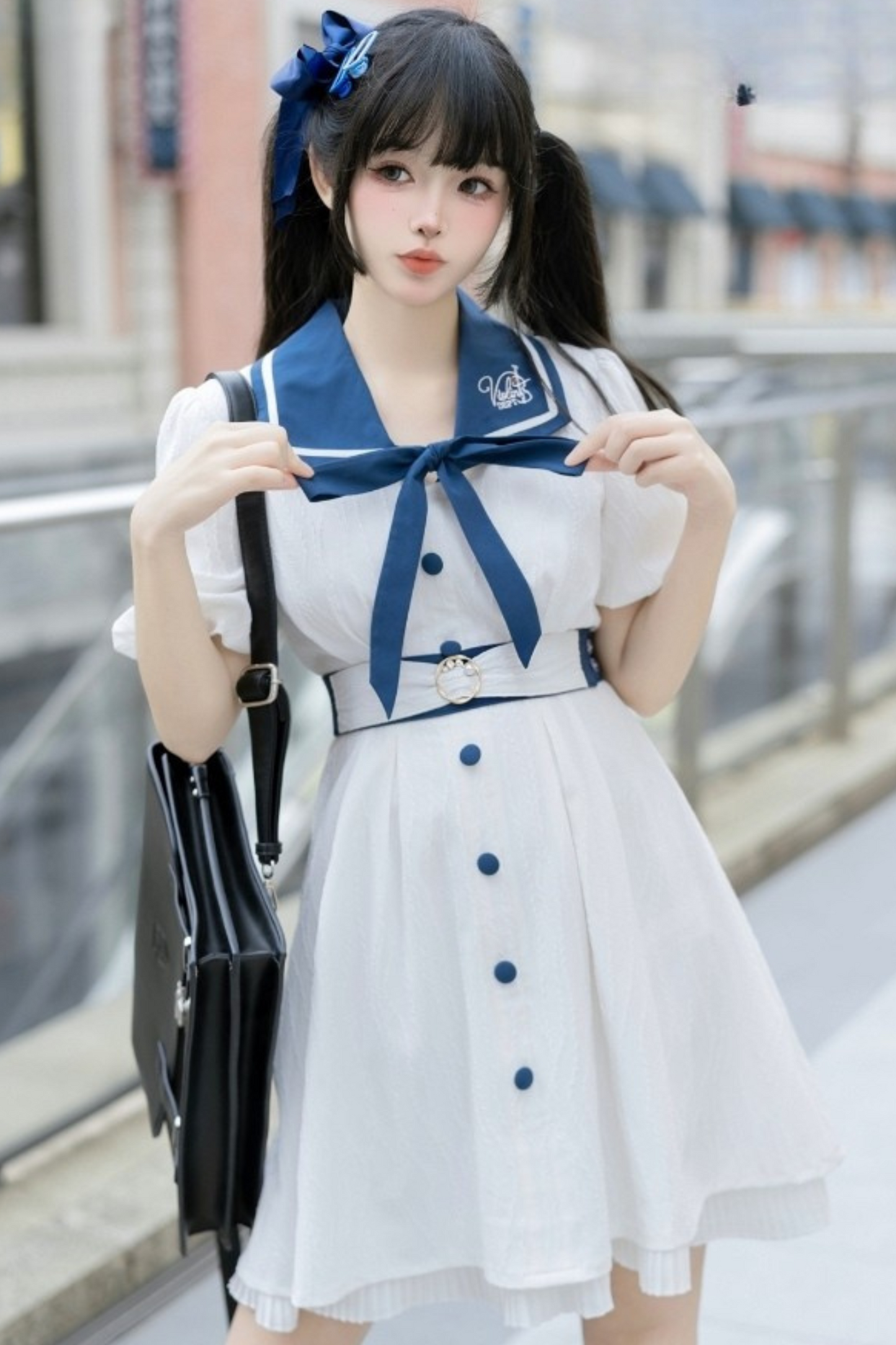 エレガントシフォンパフスリーブカレッジスタイルドレス