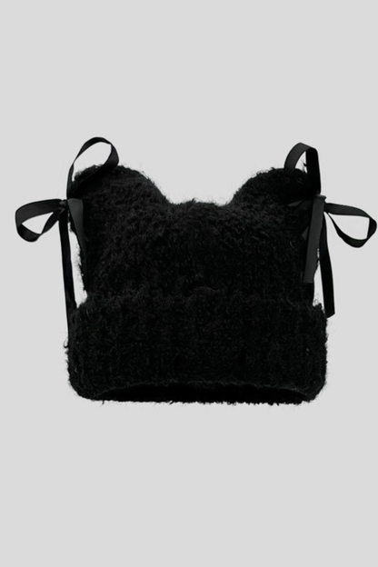 Plush Bow Ribbon Knit Hat