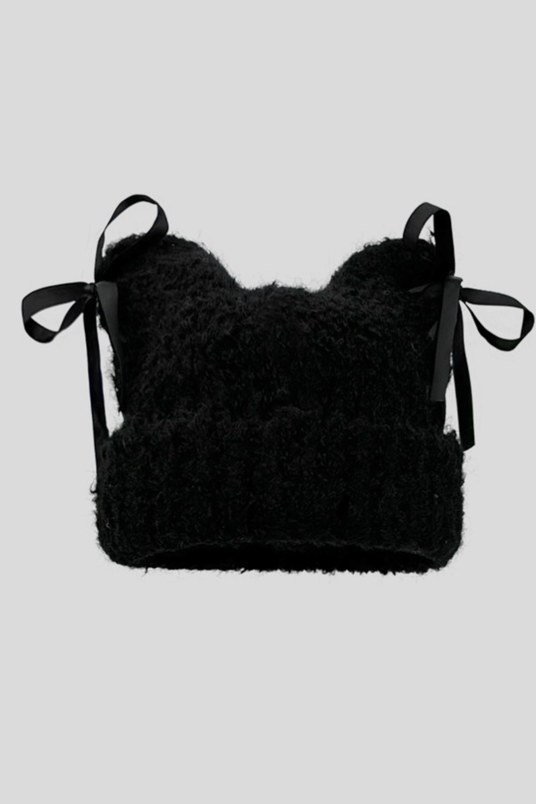 Plush Bow Ribbon Knit Hat